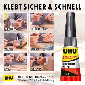 Uhu Sekundenkleber Blitzschnell Mini, 3 Tuben à 1g, für Porzellan, Kunststoff, Metall, Gummi, Holz und Keramik.