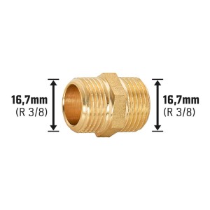 Messing Gewinde-Nippel, 16,7 mm (R 3/8) für Gewindefittings.