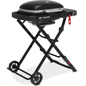 Schwarzer Weber Traveler Compact Gasgrill mit Grillwagen und porzellanemailliertem Deckel.