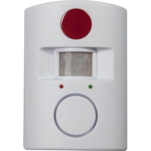 Alarmsystem mit Bewegungsmelder, weiße Gehäusefront mit rotem Knopf und Sensor.