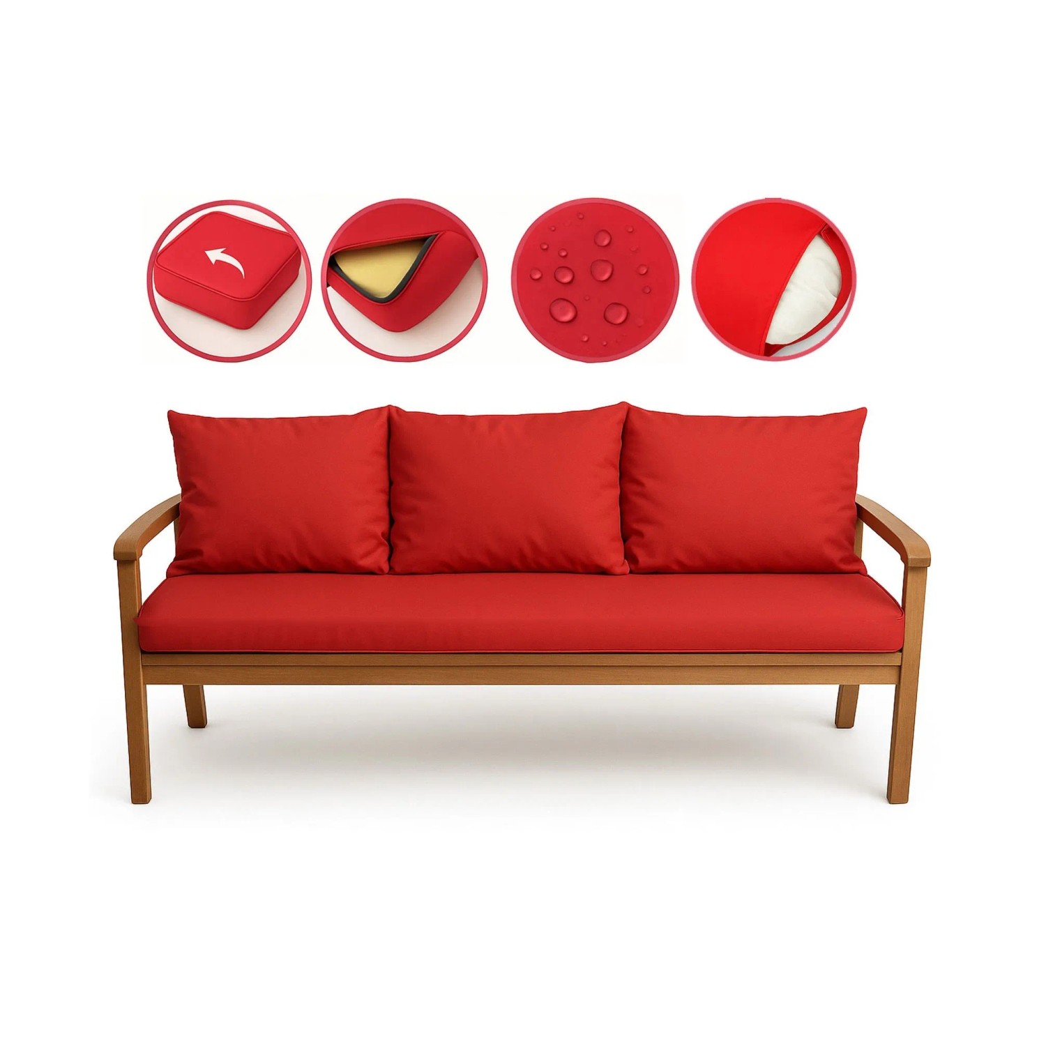 Rotes Setgarden Bankkissen für 3-Sitzer Gartenbank, 160x50 cm + 3 Rückenkissen.