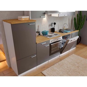 Respekta Küchenzeile LBKB280WG, 280 cm, grau-weiße Küche mit Nussbaum Arbeitsplatte.