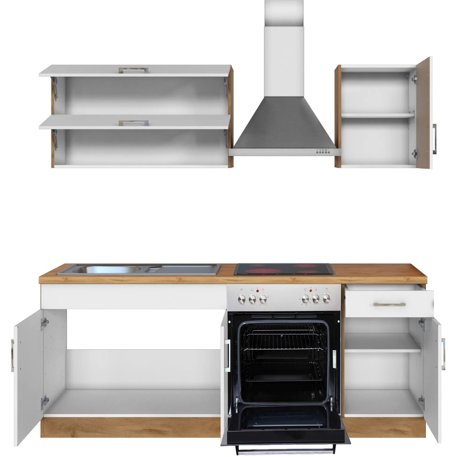 Held Möbel Küchenzeile Sorrento 210 cm, weiß und Wotaneiche Optik mit E-Geräten.