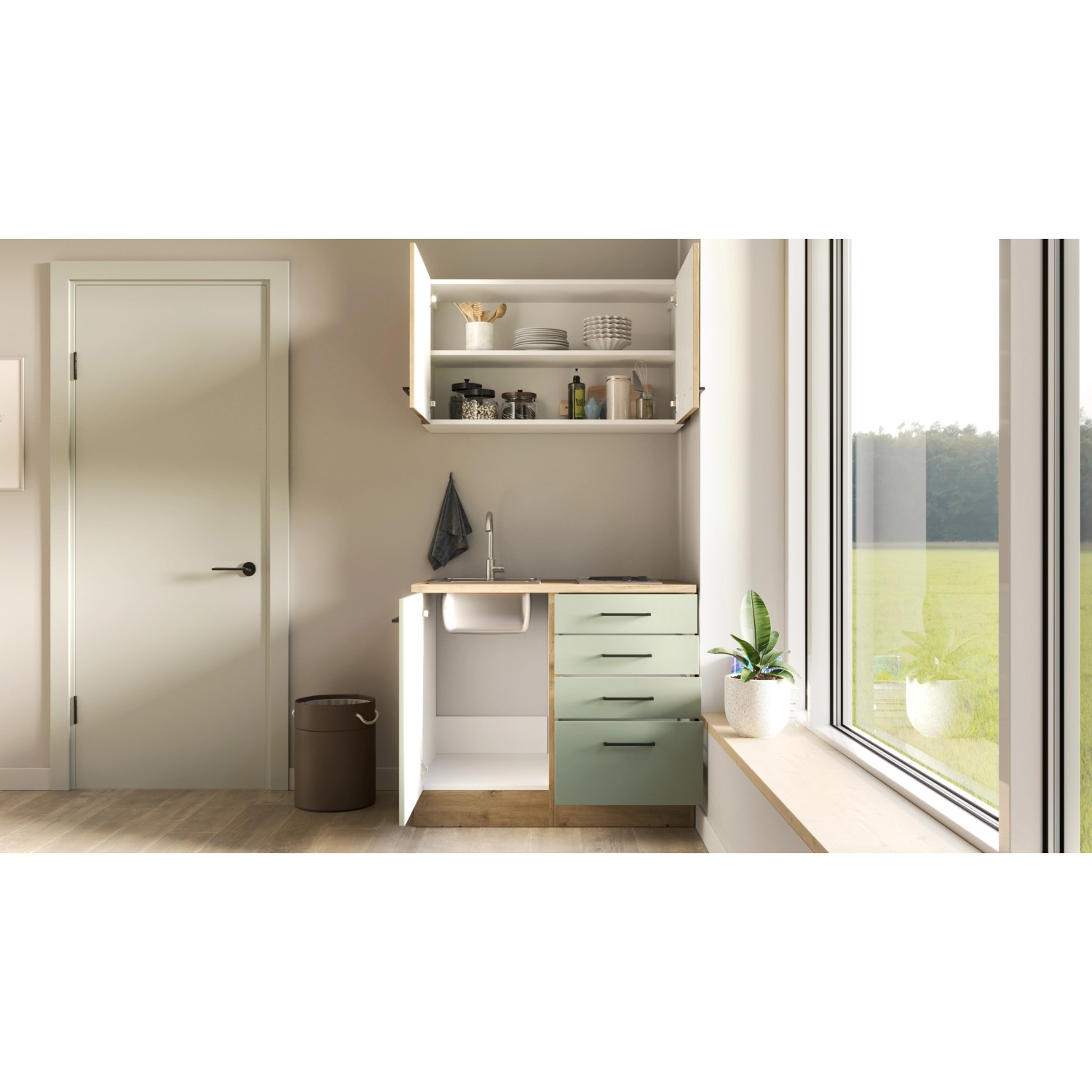 Flex-Well Miniküche Cara, 100 cm, schilfgrün/Artisan Eiche, mit Spüle und Kochfeld.