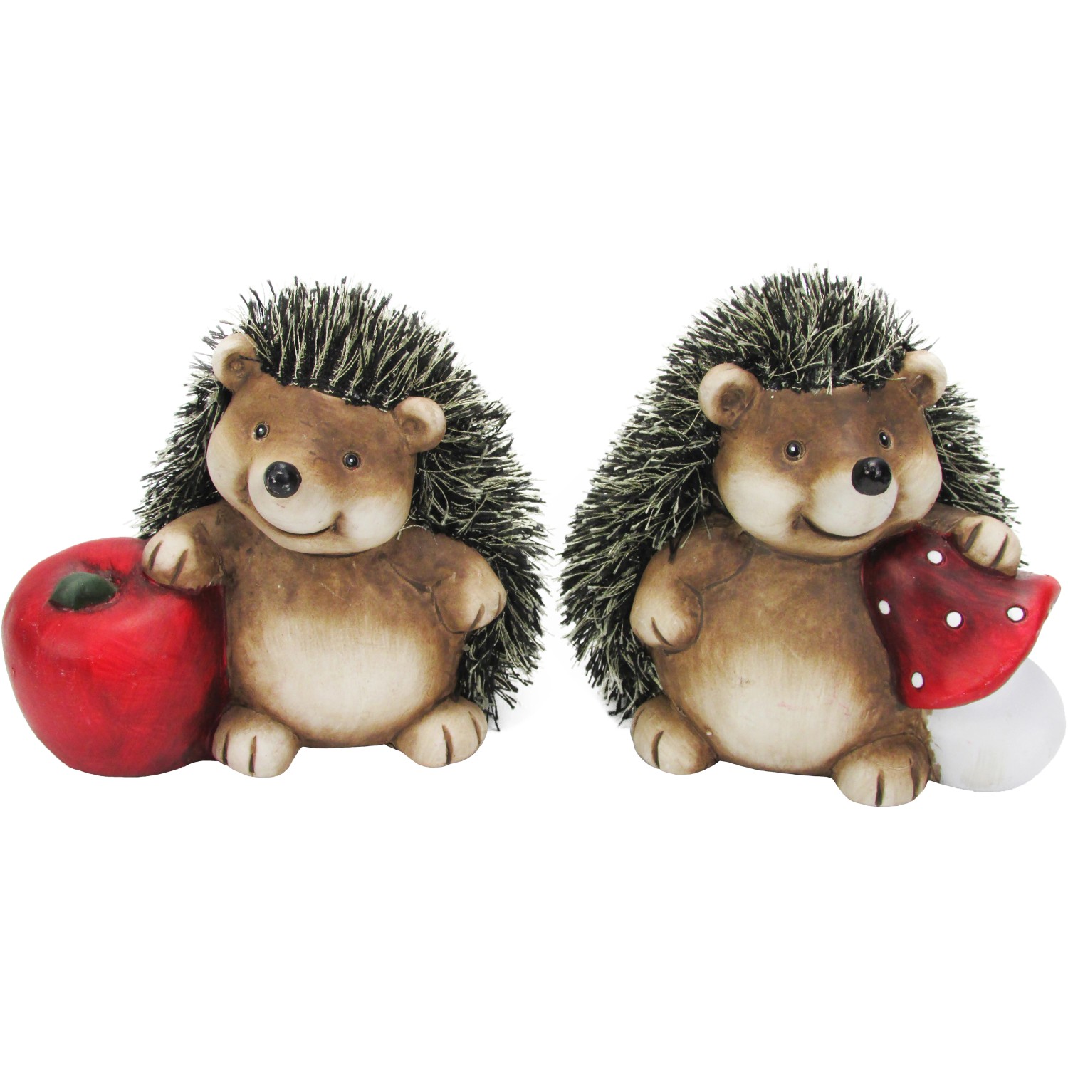 Dekorative Igel Figuren, braun-rot, 2-fach sortiert, je mit Apfel oder Pilz, 14x13x11cm.