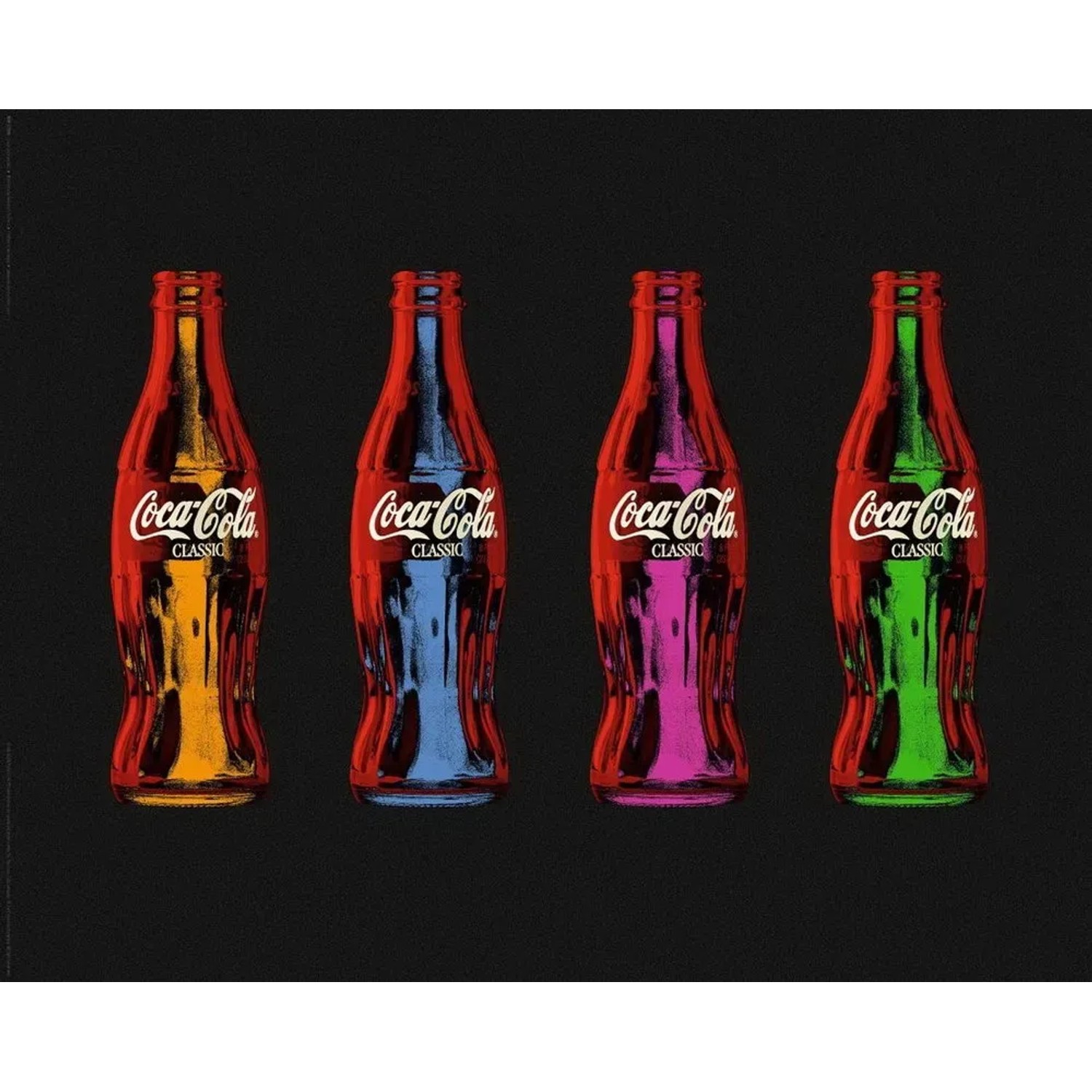 Deco Panel Fertigbild mit vier bunten Coca-Cola Flaschen auf schwarzem Grund, 40x50 cm.