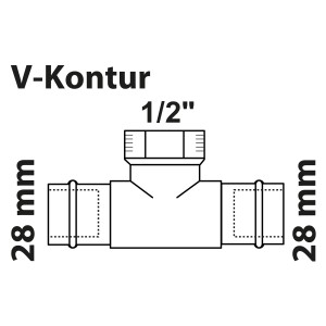Kirchhoff RG-T-Stück 28x18,7x28 mm, blank, mit 2 Muffen und 1/2 IG, Schemazeichnung