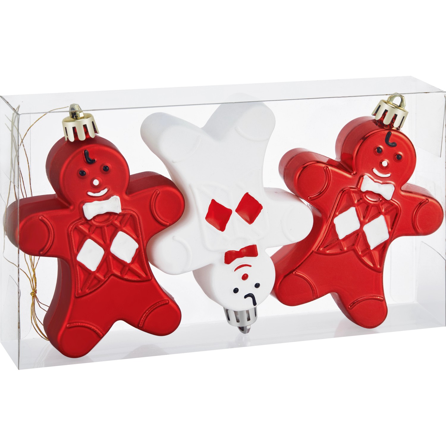 Baumschmuck-Set: 3 Lebkuchenmänner (rot, weiß) aus Kunststoff, matte Oberfläche.