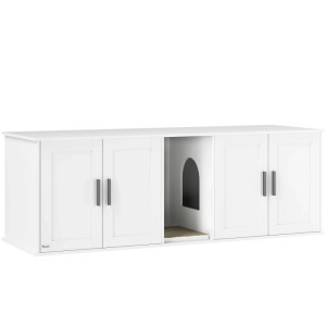 Weißer PawHut Katzenklo Schrank aus MDF mit Doppeltüren und bogenförmigem Katzeneingang. Modernes Katzenmöbel.