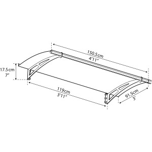 Technische Zeichnung: Palram Canopia Vordach Aquila, 92x151 cm, hellgrau, mit Maßangaben.