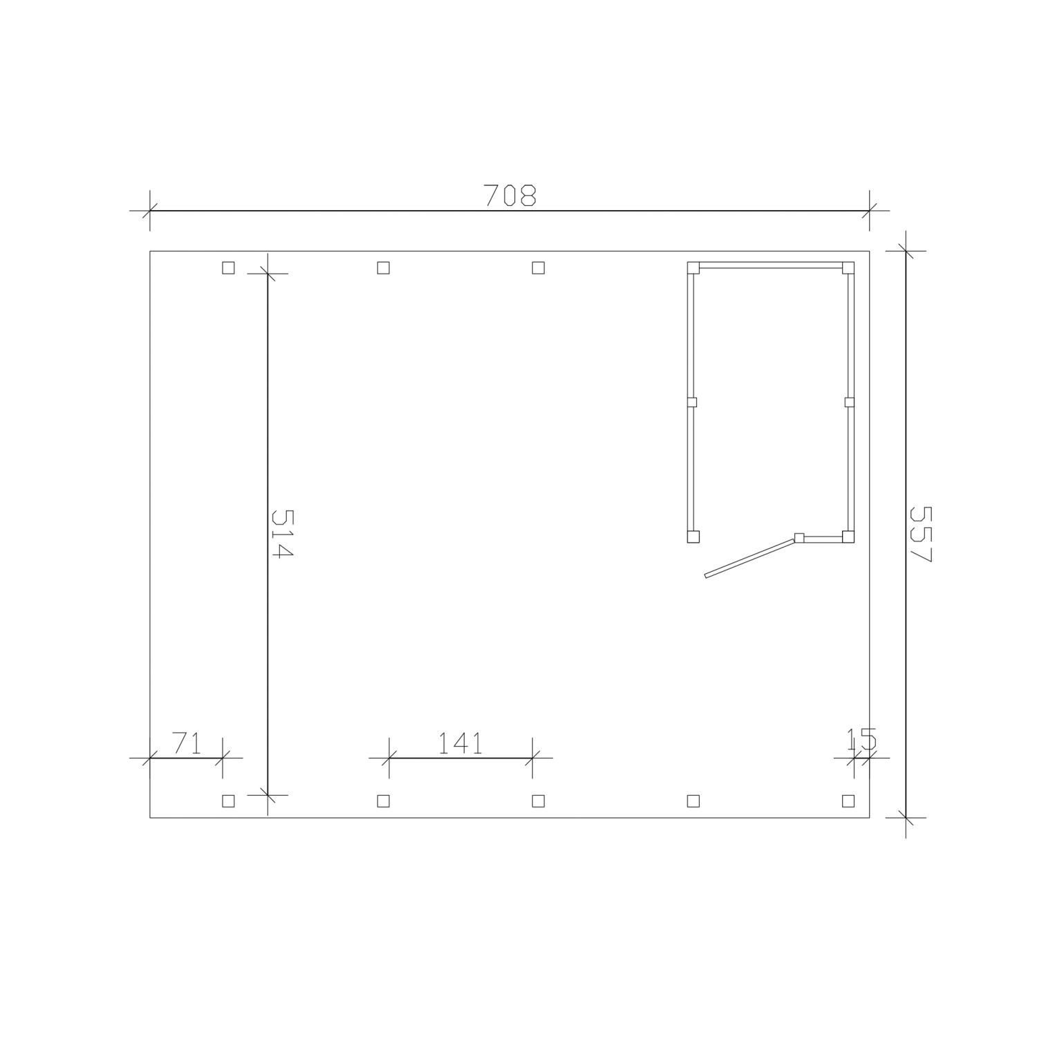Grundriss Skan Holz Carport Friesland Hybrid, 557x708 cm, Nussbaum, mit Abstellraum. Maße und Pfostenpositionen.