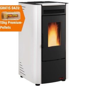 Firefix Pelletofen Ketty in Schwarz-Weiß mit Sichtfenster und gratis 15kg Pellets.