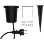 Schwarze LED's Work Außenleuchte mit Erdspieß, Zubehör und Stecker.