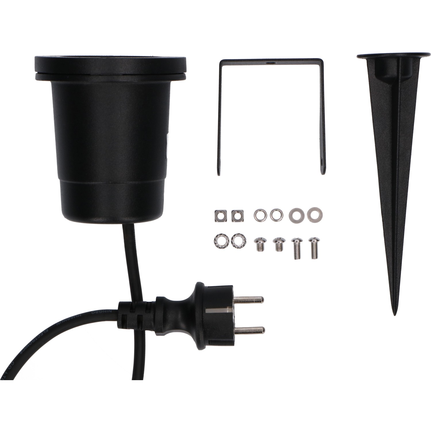 Schwarze LED's Work Außenleuchte mit Erdspieß, Zubehör und Stecker.