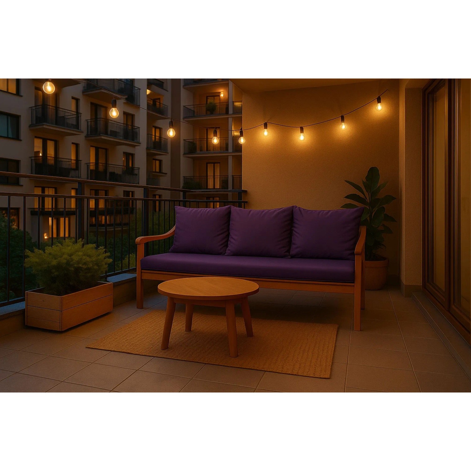 Violettes Setgarden Bankkissen-Set auf einer Gartenbank mit Tisch und Lichterkette.
