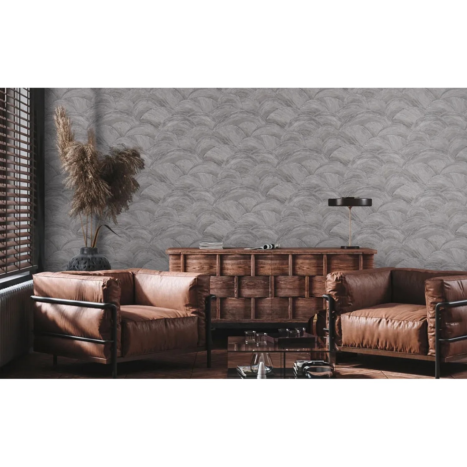 AS-Creation Vliestapete Abstrakt Grau/Silber mit Glanz in Wohnraum-Szene.