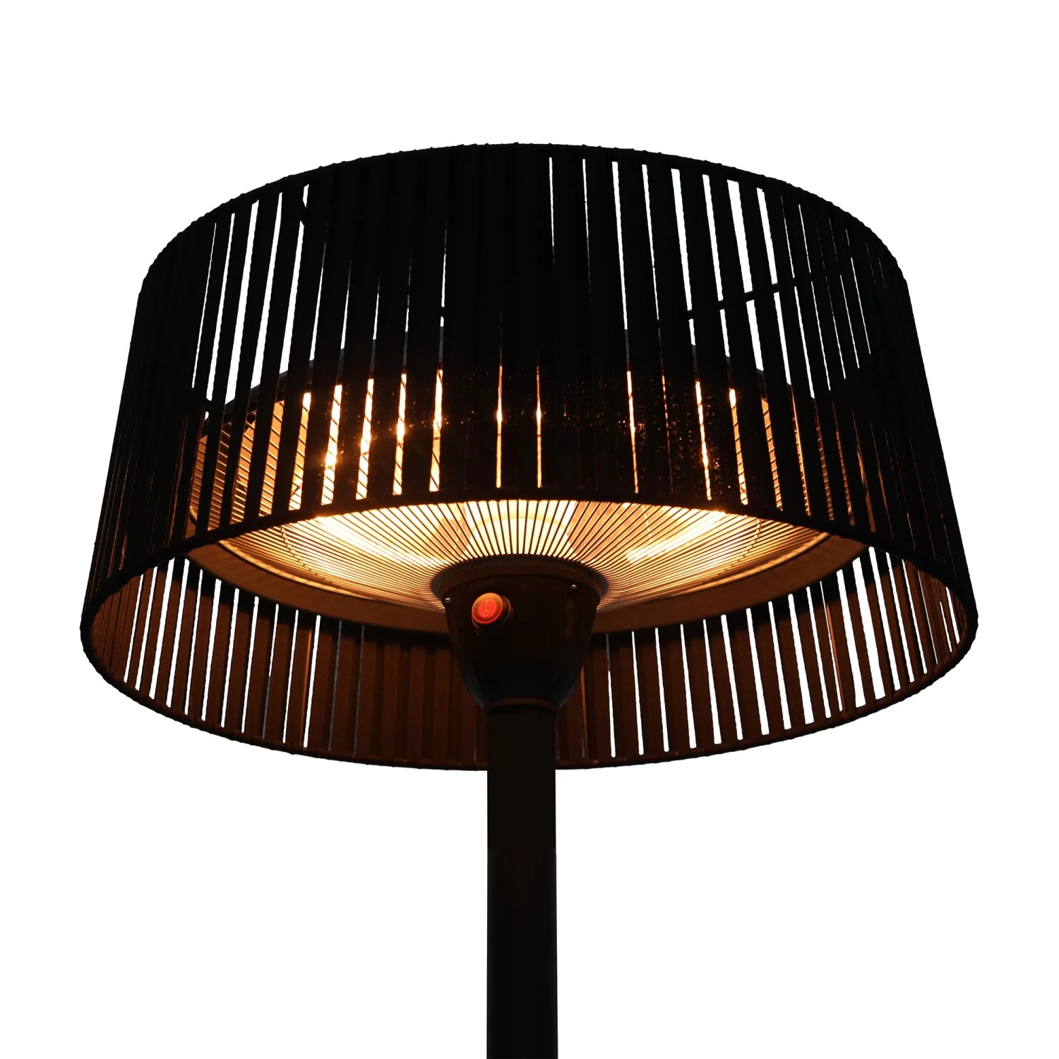 Schwarzer freistehender Terrassenheizer Zen mit leuchtenden Halogen-Heizelementen. Ideal für Terrassen & überdachte Bereiche.