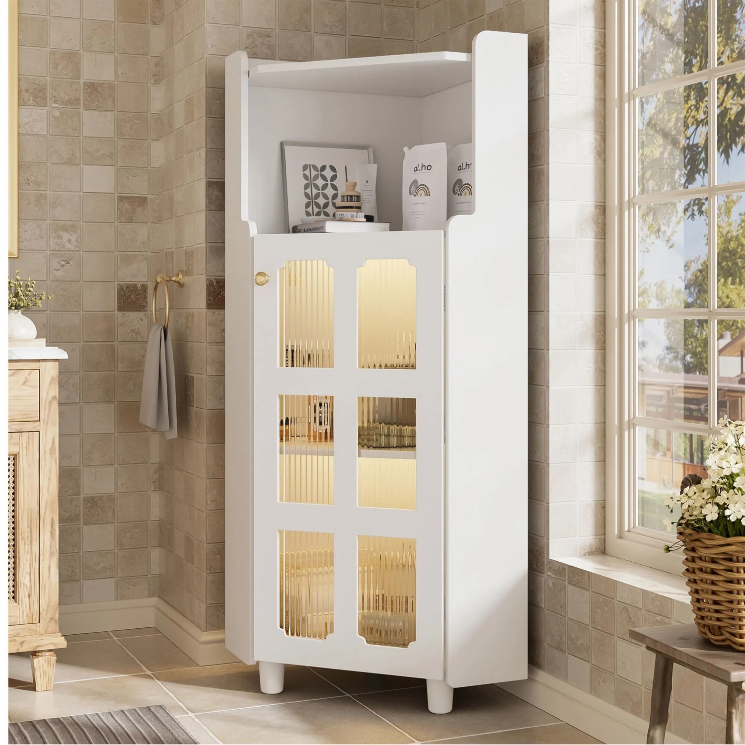okwish Eckschrank mit LED Beleuchtung App Steuerung Lackoberfläche Kommode 63x124cm Weiß kaufen bei OBI