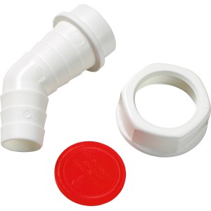 Winkelschlauchtülle, 30,3 mm (G 1) x Ø 20-24 mm, weiß, mit Verschlussplatte und Siphonanschluss.