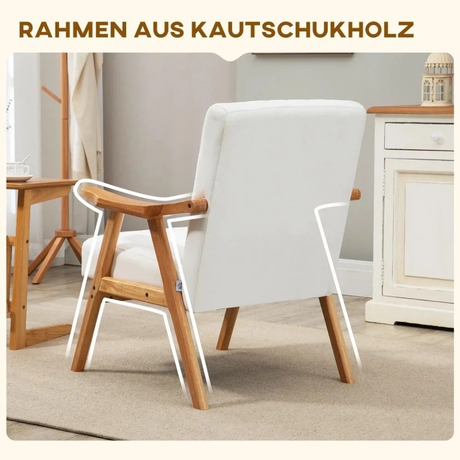 HOMCOM Polsterstuhl mit Armlehnen in Samtoptik. Heller Kautschukholzrahmen, cremefarbene Polsterung. Skandi Design Sessel.
