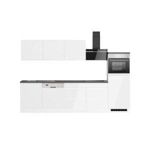 Moderne Küchenzeile Gera 300 cm in Weiß/Beton mit E-Geräten wie Herd, Ofen und Geschirrspüler.