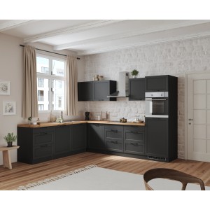 Moderne graue Winkelküche Kempten (300 cm) ohne E-Geräte mit Holz-Arbeitsplatte.
