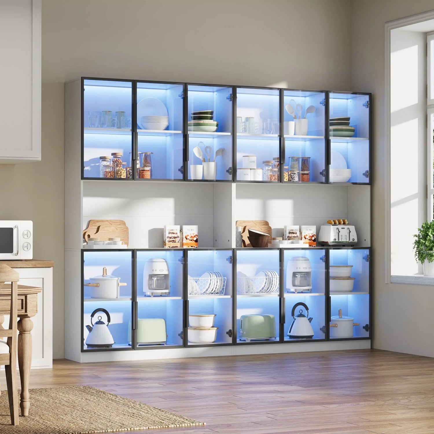 okwish Vitrine mit LED Beleuchtung Schranktüren Stauraum Wohnzimmer 240x34x200cm Weiß_2