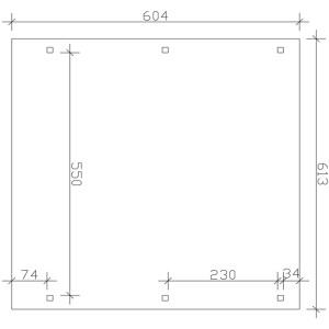 Skizze des Skan Holz Carport Emsland, 613x604 cm, weiße Doppelcarport Abmessungen mit Pfostenpositionen.