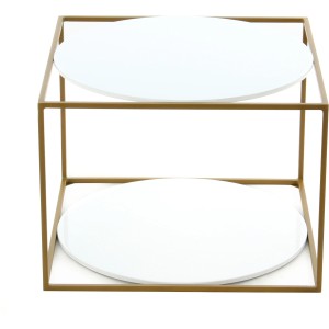 Kayoom Beistelltisch Cody, weiß-goldener Metallrahmen, zwei runde, weiße Glasplatten.