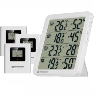Bresser Thermo-Hygrometer Quadro NV: Wetterstation mit Basis und 3 Sensoren für Temperatur und Luftfeuchtigkeit.