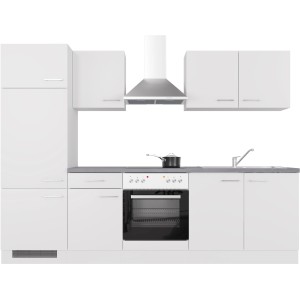 Moderne Küchenzeile Joelina, 270 cm, in Weiß matt mit Beton-grauer Arbeitsplatte, inklusive E-Geräte.