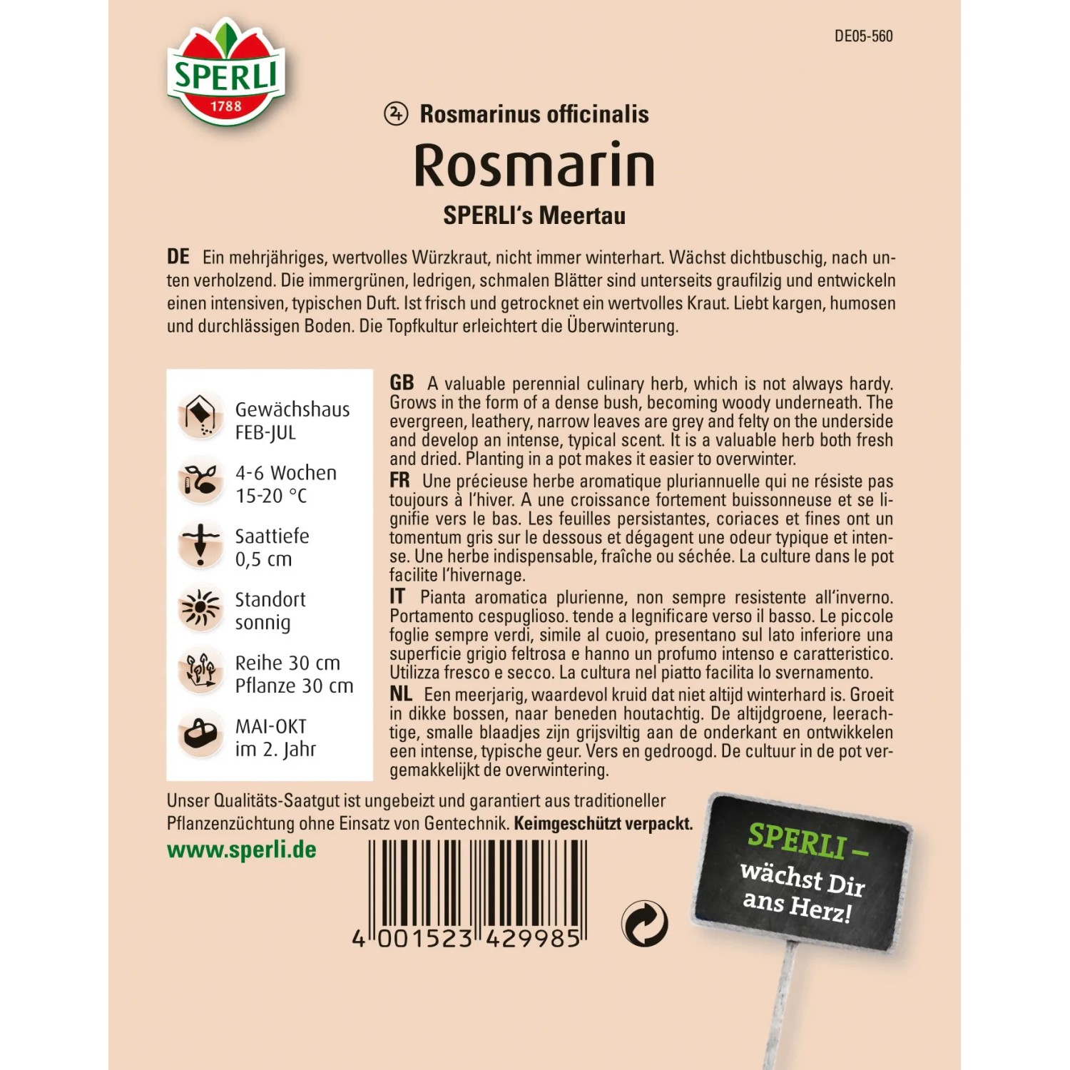 Sperli Rosmarin Sperlis Meertau Samenpackung, Kräutersamen für aromatische Pflanzen.