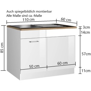 Held Möbel Spülenunterschrank Mailand, 110 cm, Hochglanz Weiß mit Spüle.