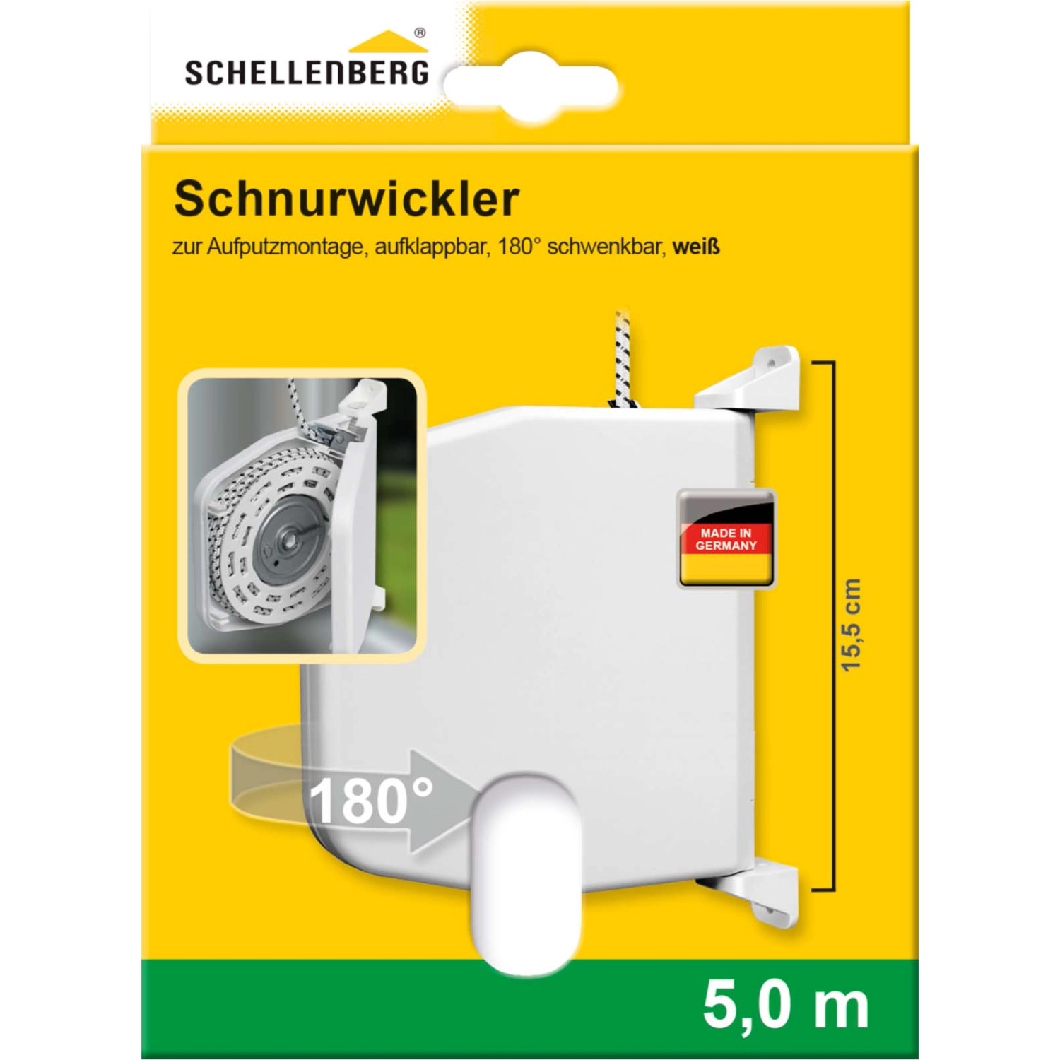 Schellenberg Rollladen-Schnurwickler, weiß, mit 5 m Schnur. Aufklappbar und schwenkbar für Rollladenantriebe.