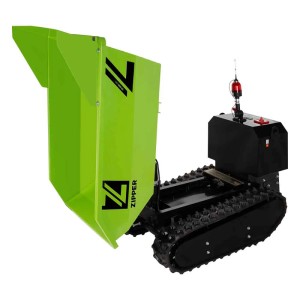 Grüner Zipper Elektro-Dumper ZI-ED400 mit Kettenantrieb und hydraulischer Kippfunktion. Baumaschine mit Fernbedienung.