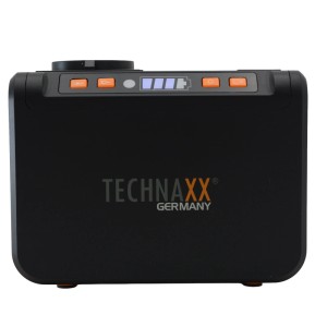 Schwarze Technaxx MINI Powerstation TX-205+ mit orangefarbenen Tasten und blauem Batteriestandsanzeige. Mobile Stromversorgung.