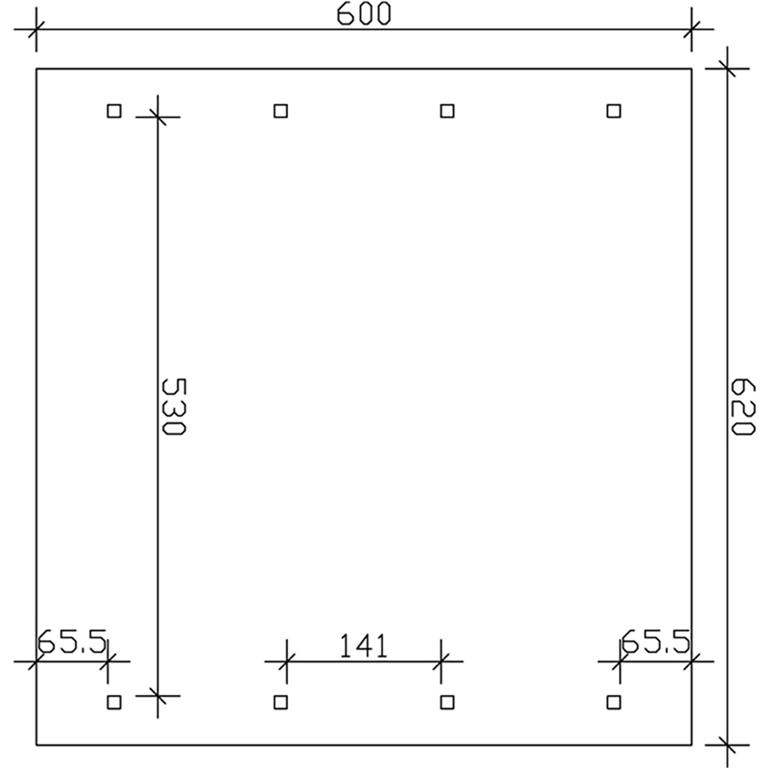 Skizze Satteldach-Carport Wallgau Nussbaum, Maße 620x600 cm, Pfostenpositionen