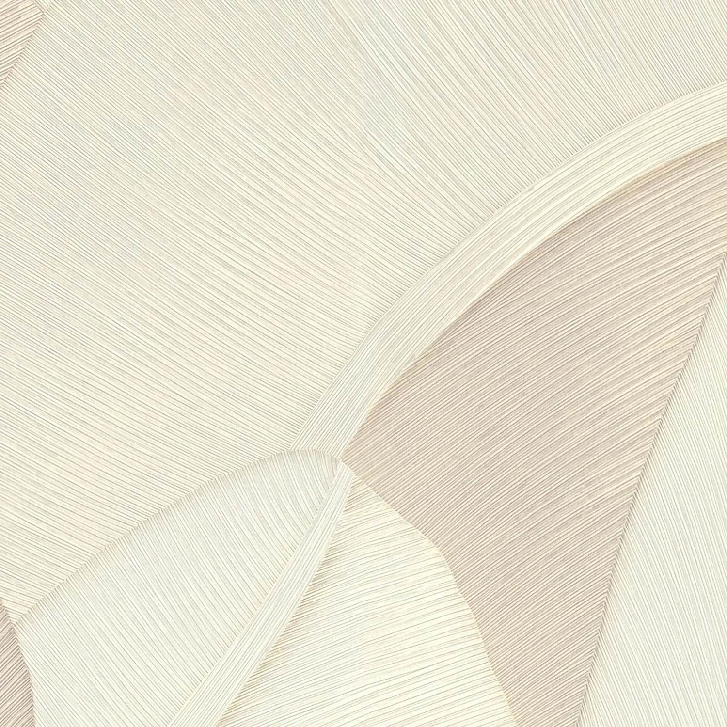 Vlies Tapete mit elegantem Palmenblätter-Muster in Creme-Weiß, strukturierter Oberfläche und dezentem Metallic-3D-Effekt.