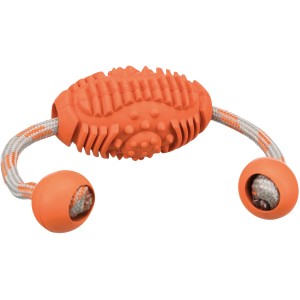 Orangefarbenes Jollypaw Rugby Apportierspielzeug aus Naturgummi mit Seil.