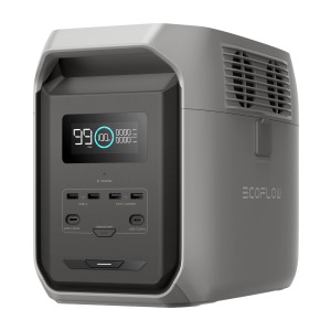 Graue Ecoflow Delta 3 Powerstation mit 1500 Wh für Solaranlagen.