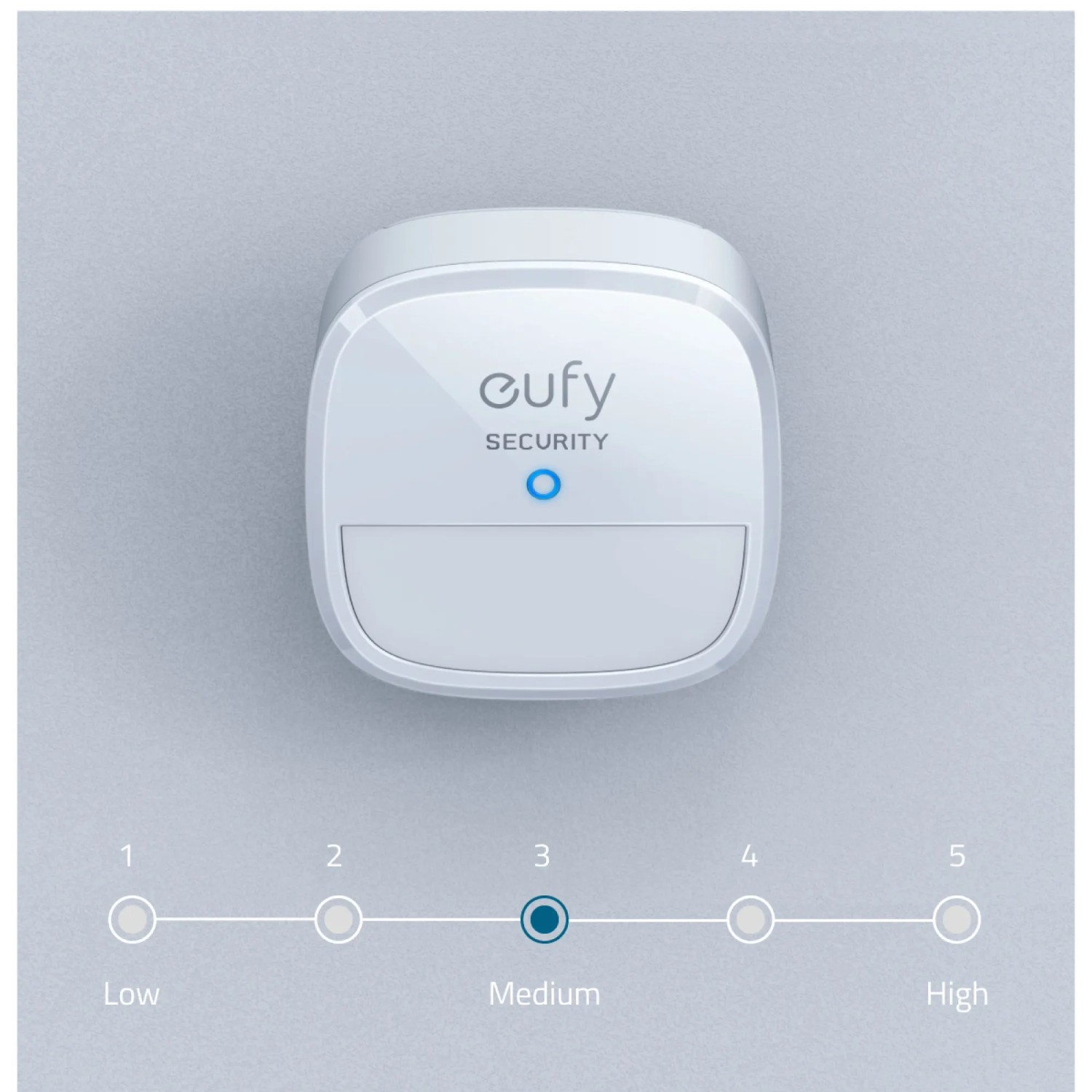 Eufy Bewegungssensor für Kameraüberwachung, 100° Erfassungswinkel, Reichweite 9m, Sensitivität einstellbar.