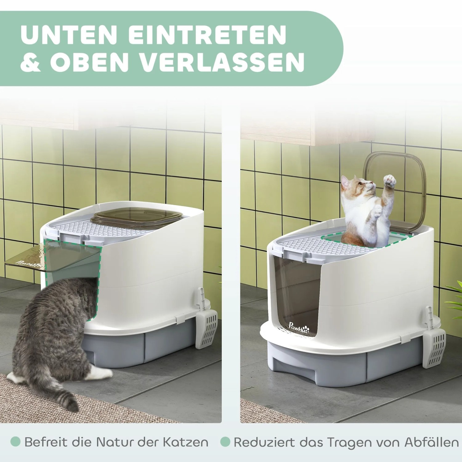 PawHut Katzenklo aus Kunststoff: Katze betritt unten, Katze verlässt oben. Geschlossene Katzentoilette mit zwei Eingängen.