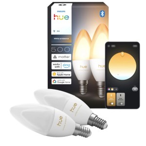 Zwei Philips Hue E14 LED-Leuchtmittel in Kerzenform, 2er Set, mit App-Steuerung. Einstellbares warm- bis tageslichtweißes Licht.