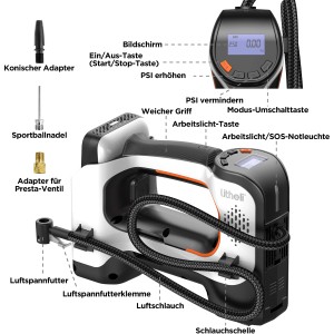 Litheli Akku-Luftpumpe mit Zubehör: Adapter, Ballnadel, Schlauch. Kompressor für Reifen, Bälle, Wasserspielzeug.