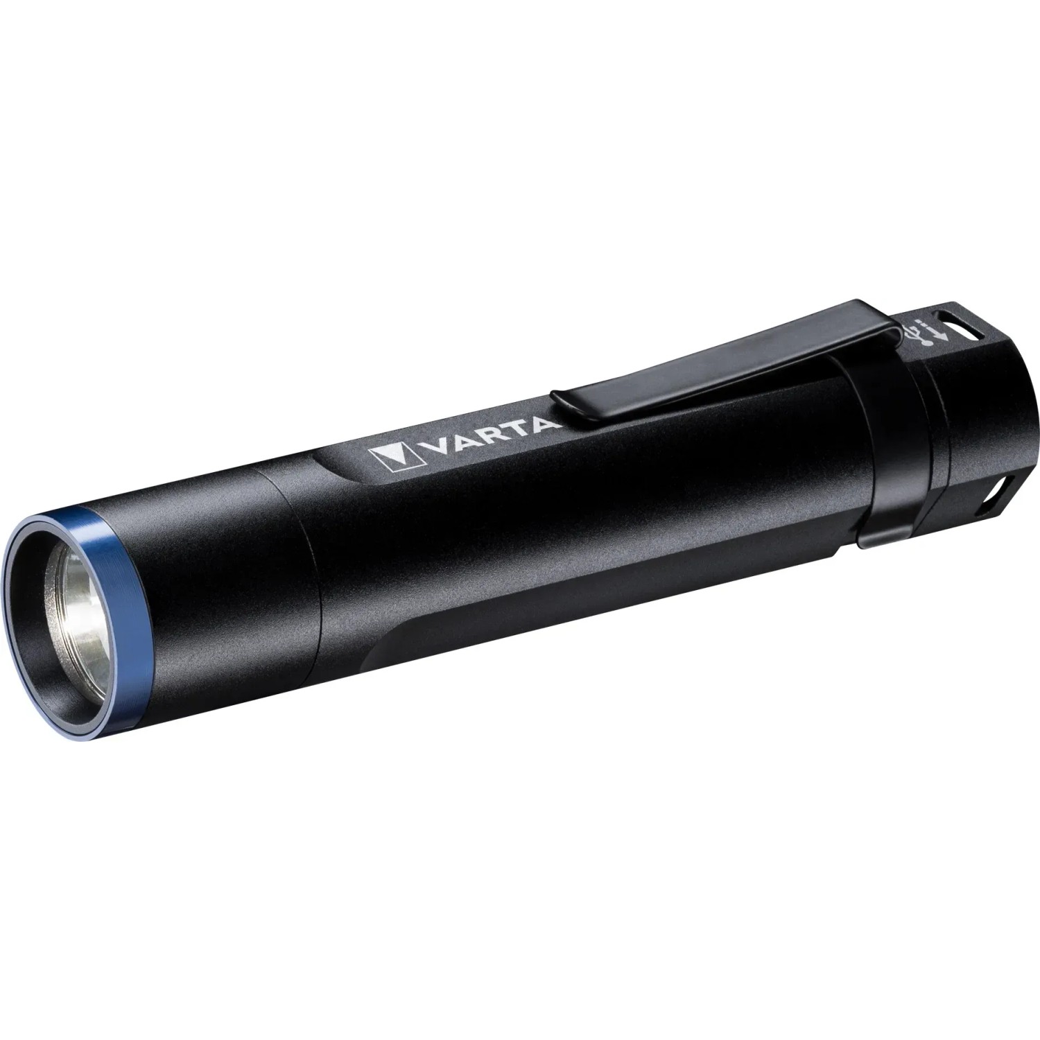 Schwarze Varta Akku-LED-Taschenlampe Night Cutter F20R mit Clip.