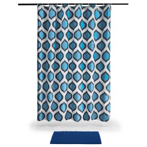 Blaues Badematten- und Duschvorhang-Set mit Muster. Badematte aus Chenille, Duschvorhang aus PEVA.