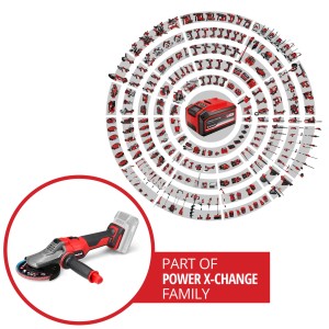 Einhell Akku-Winkelschleifer TP-AG 18/125 F (rot-schwarz) mit Power X-Change Akku im Hintergrund.