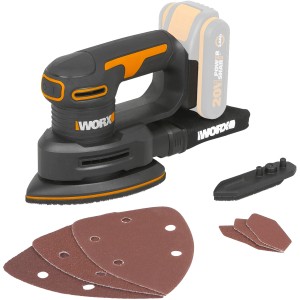 Worx Akku-Dreieckschleifer WX822.9 Solo 20 V mit Schleifpapier und Akku. Ideal zum Schleifen von Ecken und Kanten.