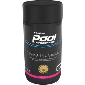 Schwarze Dose Pool Professional Chlorstabilisat Granulat 1 kg zur Pool Desinfektion.