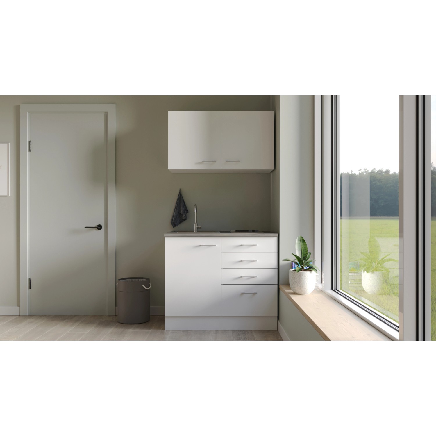 Flex-Well Miniküche Lucca, 100 cm, Weiß matt/Caledonia, mit Spüle, Kochfeld und Ober-/Unterschränken.